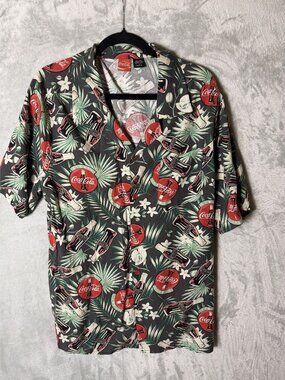 COCA COLA Button Up Shirt Mens Large Black Hawaiian‎ Bottle Logo Short Sleeve